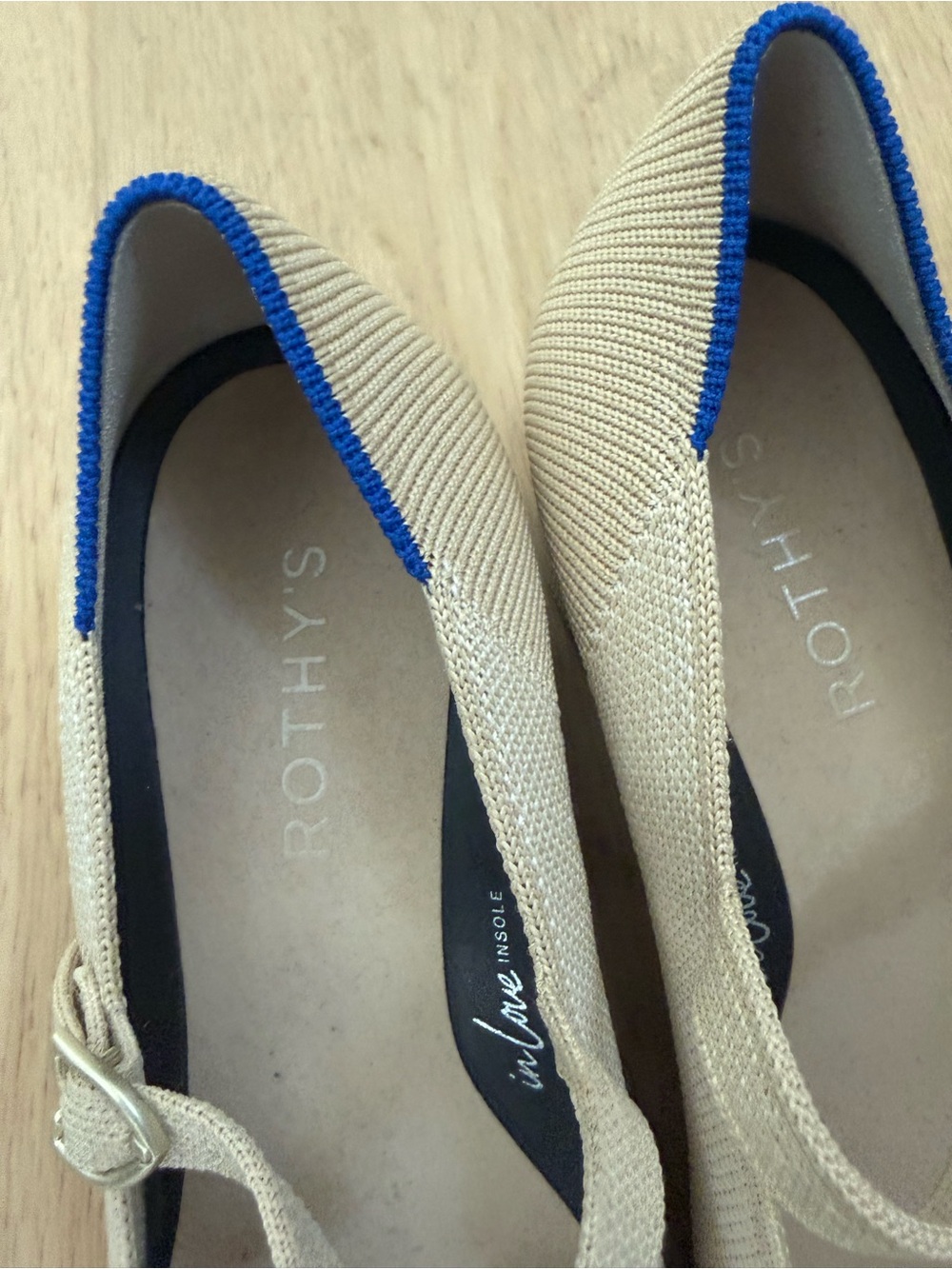 Rothy's Two-Tone Mary Jane Flat in Cream and Black with Blue Trim - Picture 3 of 4